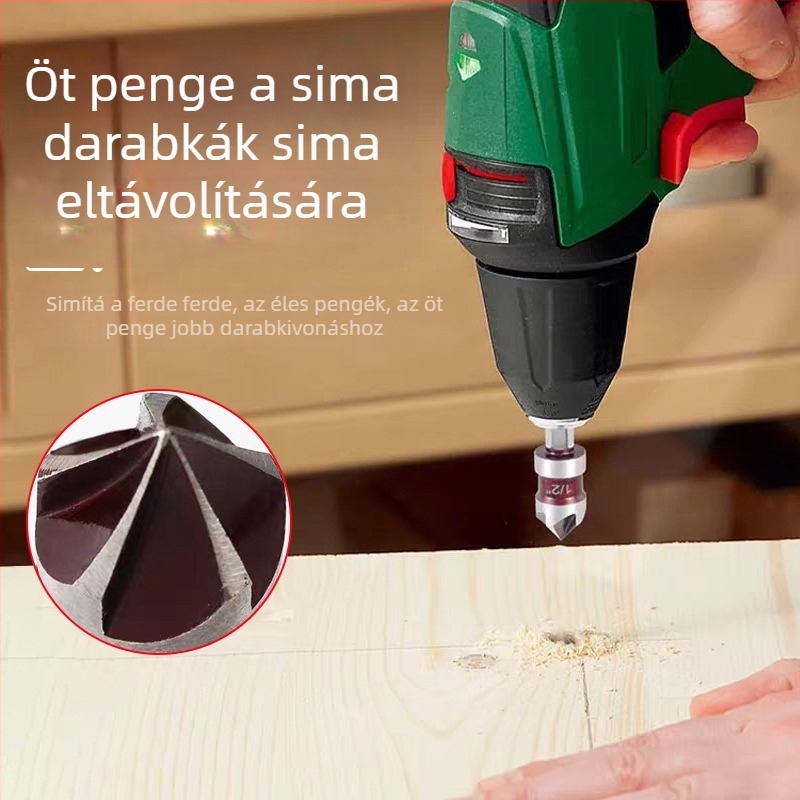 Faipari szerszámkészlet - 5 darab, hatszögletű markolat, ötlapátos élformázó chamferer, élezés és furatbővítés