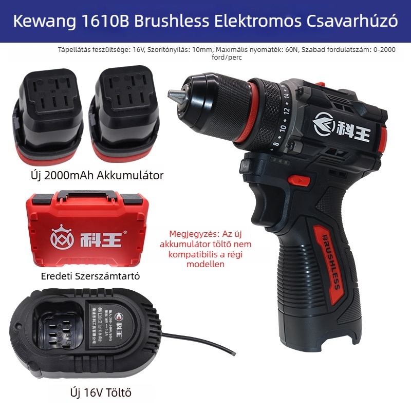 Kowang 1610B kefementes motorú akkumulátoros fúró-csavarozó, ipari kategória, 16V, két sebesség, 60N nyomaték