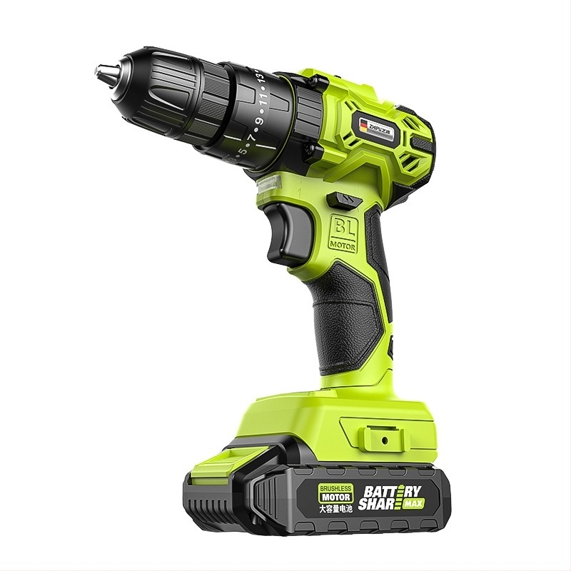ZHIPU vezeték nélküli ütvefúró, brushless motor, 48V Li‑ion akkumulátor, egyenes kialakítás, fokozatmentes sebességszabályozás, háromcsúcsú befogó, otthoni használatra
