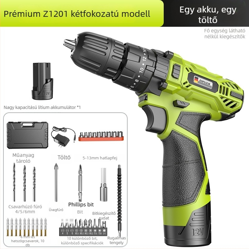 ZHIPU vezeték nélküli ütvefúró, brushless motor, 48V Li‑ion akkumulátor, egyenes kialakítás, fokozatmentes sebességszabályozás, háromcsúcsú befogó, otthoni használatra