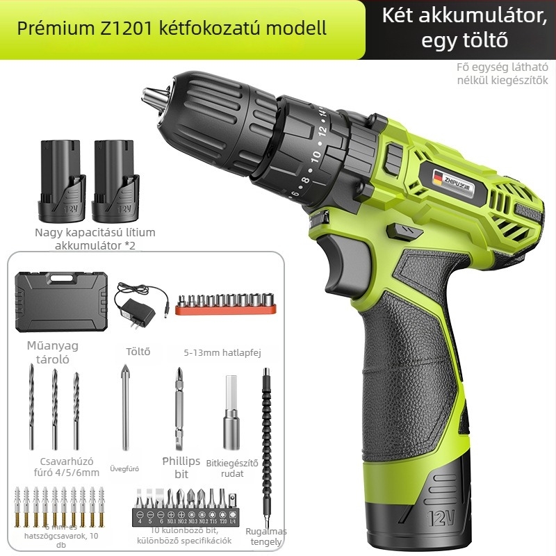 ZHIPU vezeték nélküli ütvefúró, brushless motor, 48V Li‑ion akkumulátor, egyenes kialakítás, fokozatmentes sebességszabályozás, háromcsúcsú befogó, otthoni használatra