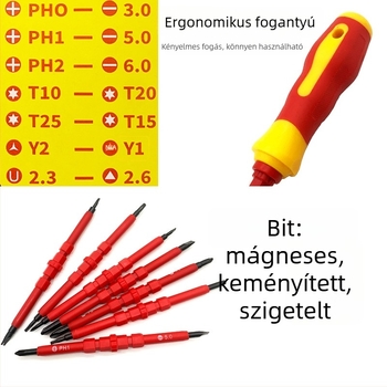 Szigeteltt csavarhúzó készlet villanyszerelőknek — mágneses, CR-V acélból, Philips és lapos fejű bitek, 0,4 kg
