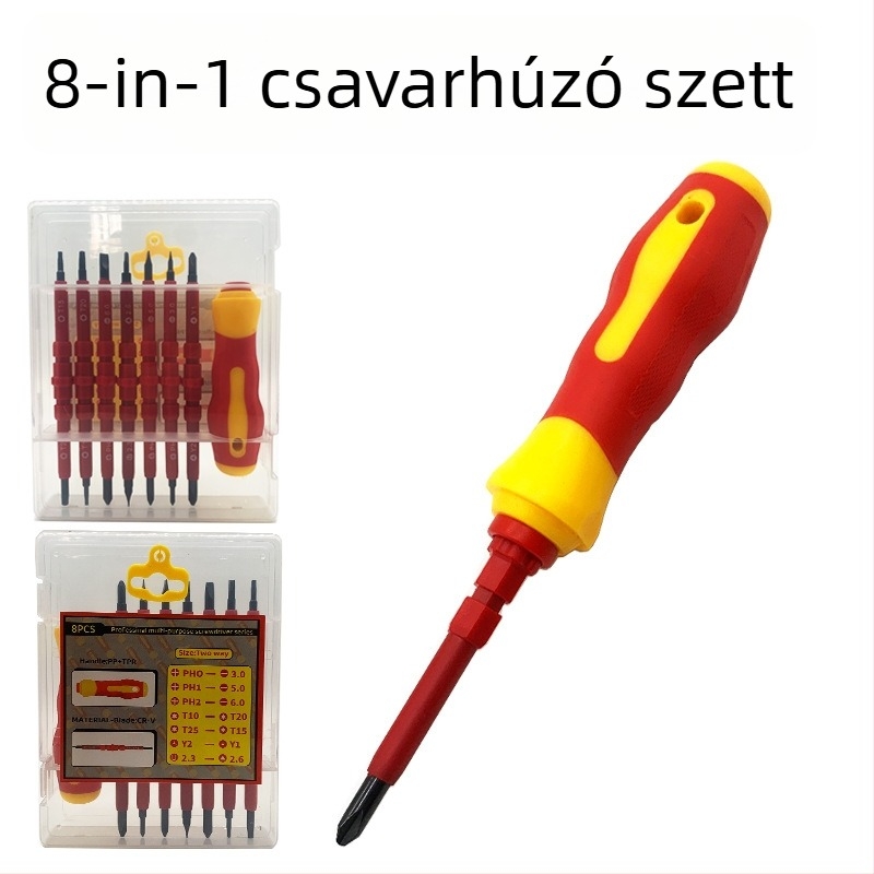 Szigeteltt csavarhúzó készlet villanyszerelőknek — mágneses, CR-V acélból, Philips és lapos fejű bitek, 0,4 kg