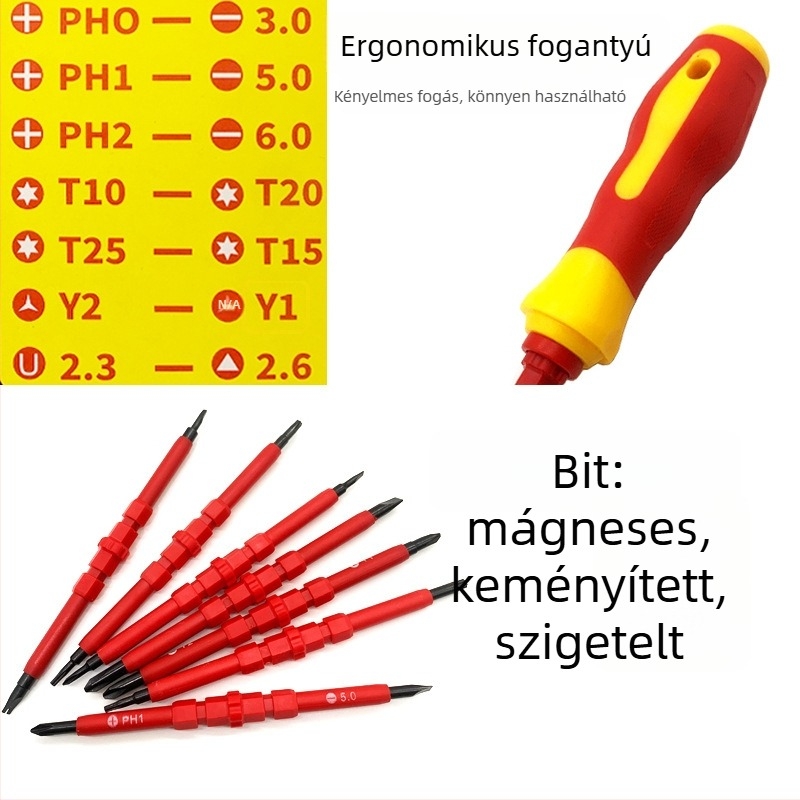 Szigeteltt csavarhúzó készlet villanyszerelőknek — mágneses, CR-V acélból, Philips és lapos fejű bitek, 0,4 kg