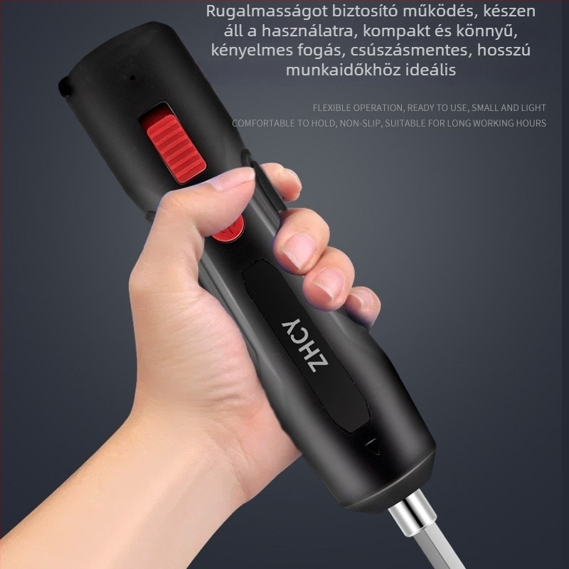 Elektromos csavarhúzó és mini fúró, újratölthető lítium akkumulátorral, egyenes kialakítás, kézben tartható, sebességszabályozás nélküli, előre-hátra forgás, otthoni használatra