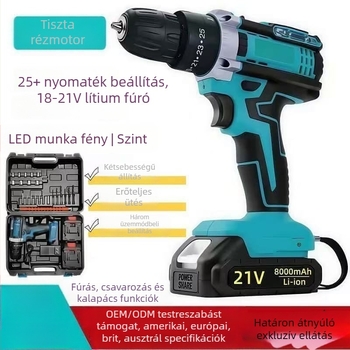 King bodi kézben tartható akkumulátoros elektromos fúró, lítium-ion akkumulátor, 18-21 V, egyenes kialakítású, pisztolymarkolat, kétfokozatú, háromfogú mandrinával
