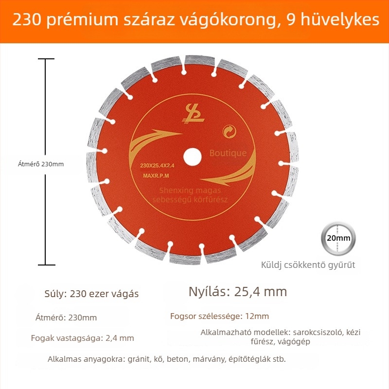 Gyémánt vágókorong kőfeldolgozáshoz, száraz vágás, szinterezett gyémánt kötőanyag, tömeg 0.3