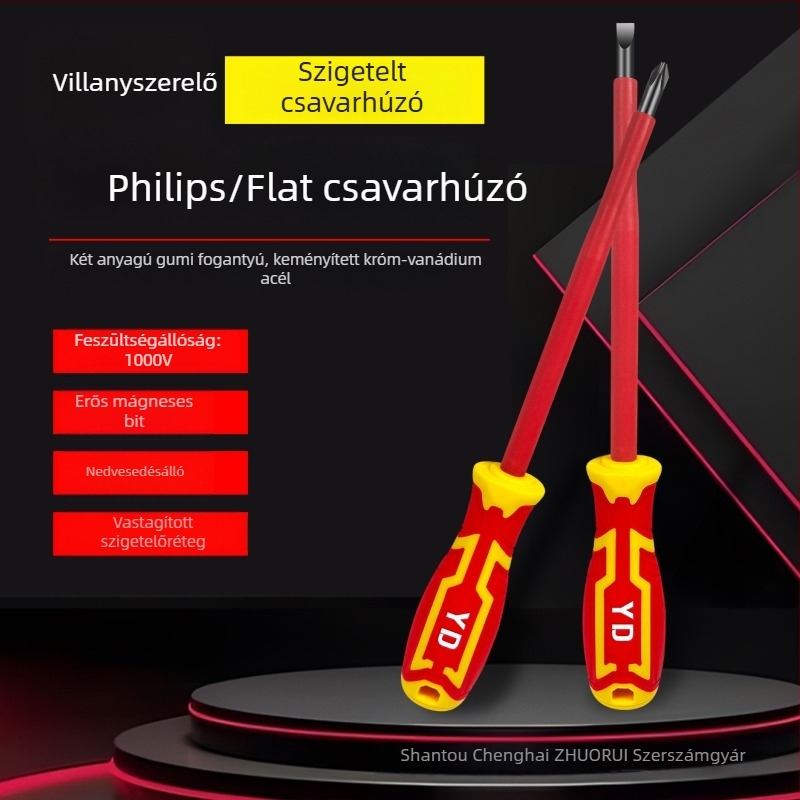 Szigeteltt villanyszerelő csavarhúzó mágneses végű, Phillips és egyenes fej, 1000V-os magasfeszültségnek ellenálló, szénacél