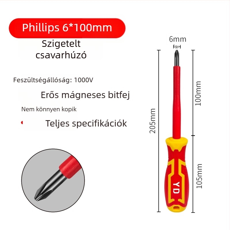 Szigeteltt villanyszerelő csavarhúzó mágneses végű, Phillips és egyenes fej, 1000V-os magasfeszültségnek ellenálló, szénacél