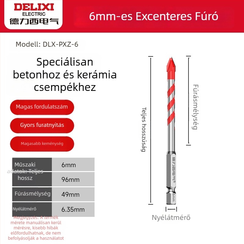 Delixi excentrikus fúróbit hexagonális szárú és döntött fejű, ütvefúráshoz kemény anyagokra: beton, cement, kerámia