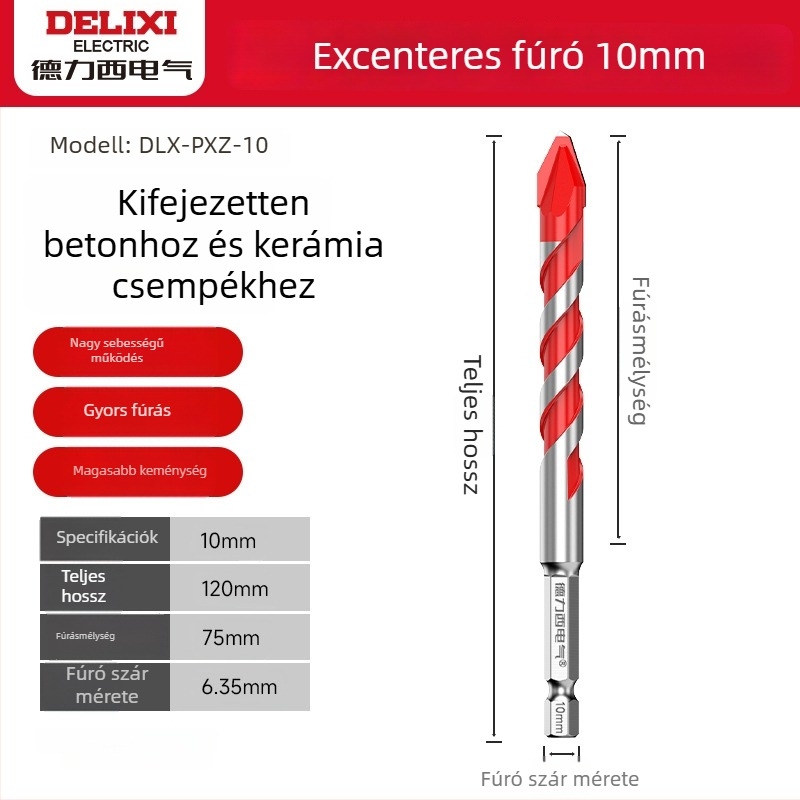 Delixi excentrikus fúróbit hexagonális szárú és döntött fejű, ütvefúráshoz kemény anyagokra: beton, cement, kerámia
