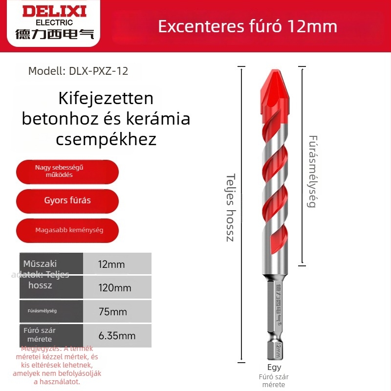 Delixi excentrikus fúróbit hexagonális szárú és döntött fejű, ütvefúráshoz kemény anyagokra: beton, cement, kerámia