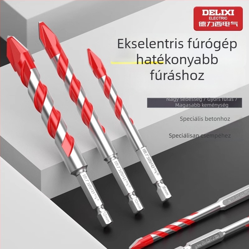 Delixi excentrikus fúróbit hexagonális szárú és döntött fejű, ütvefúráshoz kemény anyagokra: beton, cement, kerámia