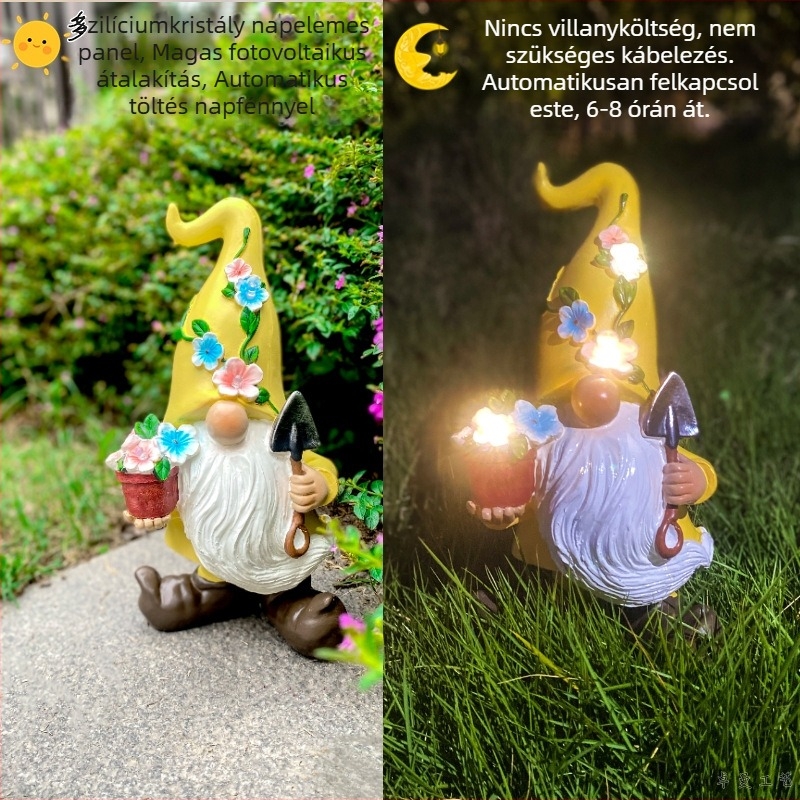 Napelemes éjszakai fény – kert dísz gnóm/elf, gyanta, rajzfilm-stílusú szobor, természetes polírozás, kültéri dekoráció