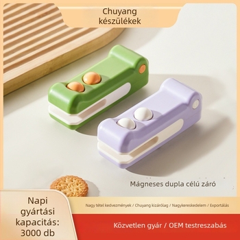 Mini háztartási lezáró készülék zacskók lezárására, élelmiszermegőrzés, logónyomás, modern minimalista dizájn.