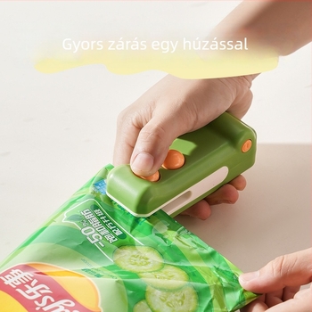 Mini háztartási lezáró készülék zacskók lezárására, élelmiszermegőrzés, logónyomás, modern minimalista dizájn.