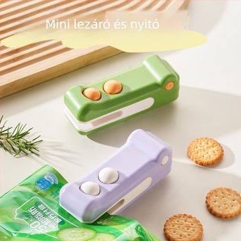Mini háztartási lezáró készülék zacskók lezárására, élelmiszermegőrzés, logónyomás, modern minimalista dizájn.
