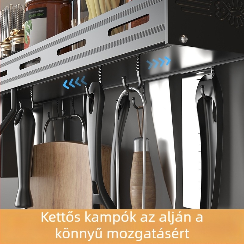 Konyhai falra szerelhető tároló fűszerek és kések számára, alumínium, többfunkciós