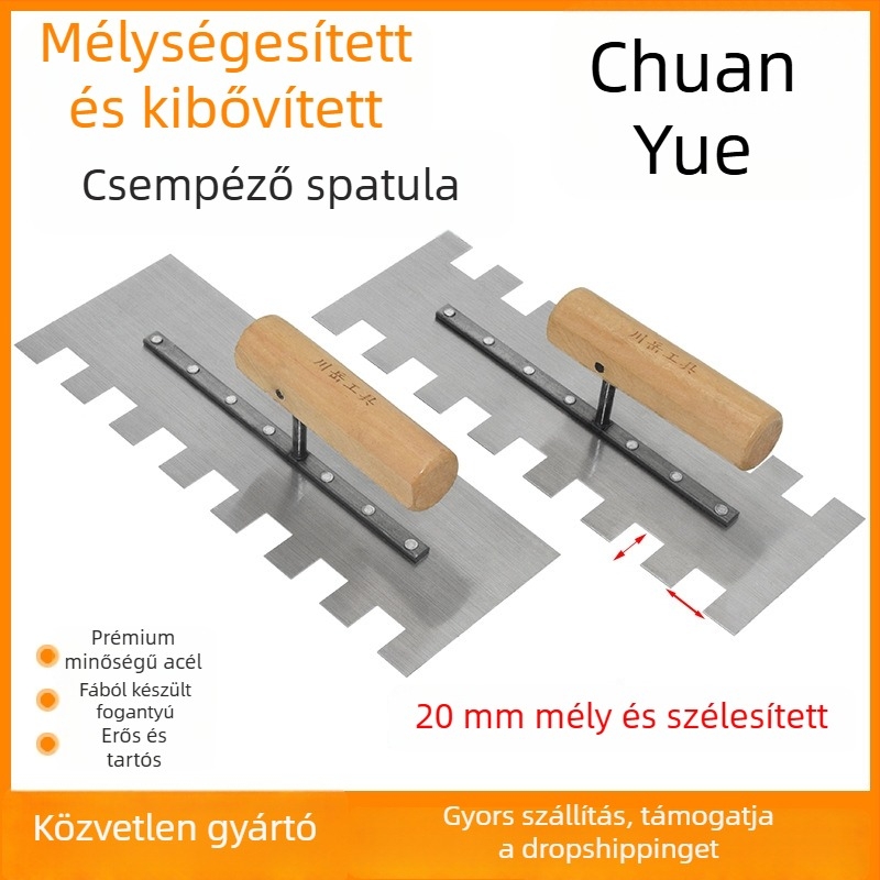 Glettelő kés csempéhez fogazott éllel, szénacél penge, fa markolat, 0,8 mm vastagság