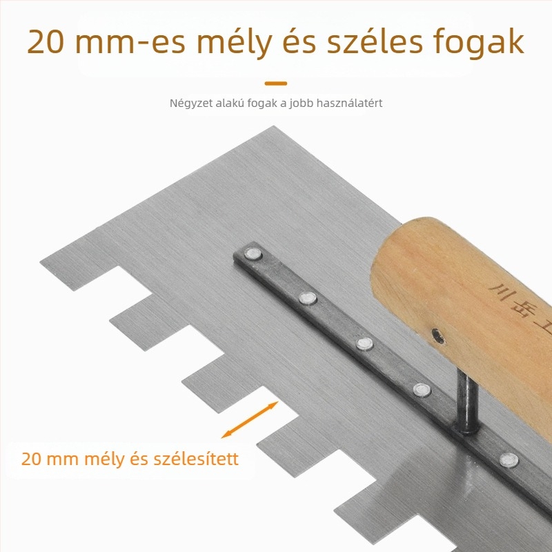 Glettelő kés csempéhez fogazott éllel, szénacél penge, fa markolat, 0,8 mm vastagság