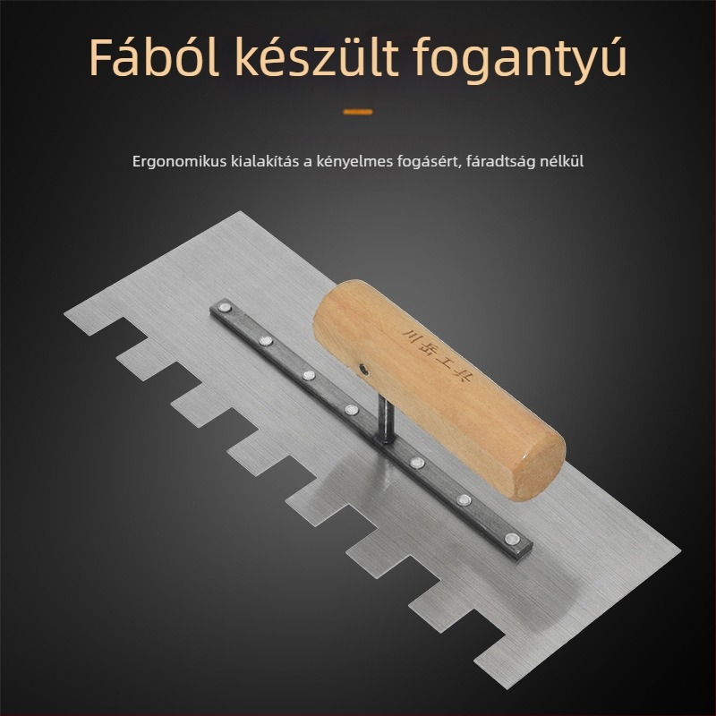 Glettelő kés csempéhez fogazott éllel, szénacél penge, fa markolat, 0,8 mm vastagság