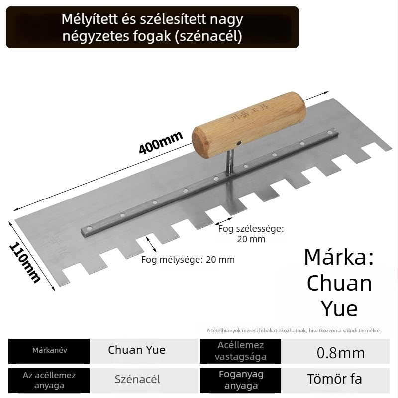 Glettelő kés csempéhez fogazott éllel, szénacél penge, fa markolat, 0,8 mm vastagság