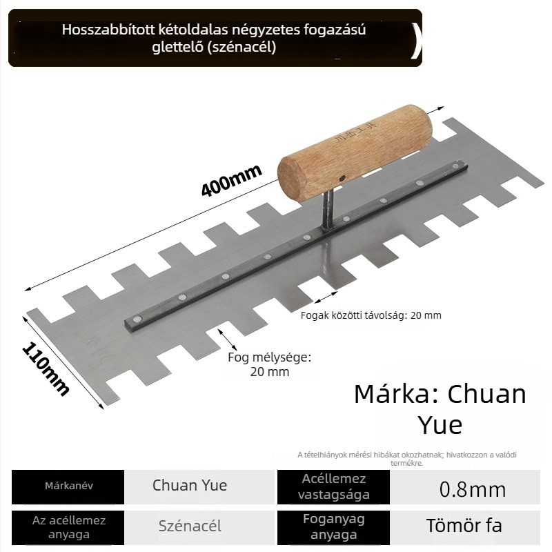 Glettelő kés csempéhez fogazott éllel, szénacél penge, fa markolat, 0,8 mm vastagság
