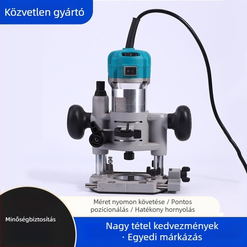 Otthoni elektromos famegmunkáló gép: él- és szélsimítás, marás, cannelás és gravírozás furatokkal — 220V hálózati ellátás, dugaszolható áramforrás, AC 50–250V / DC 50–250V