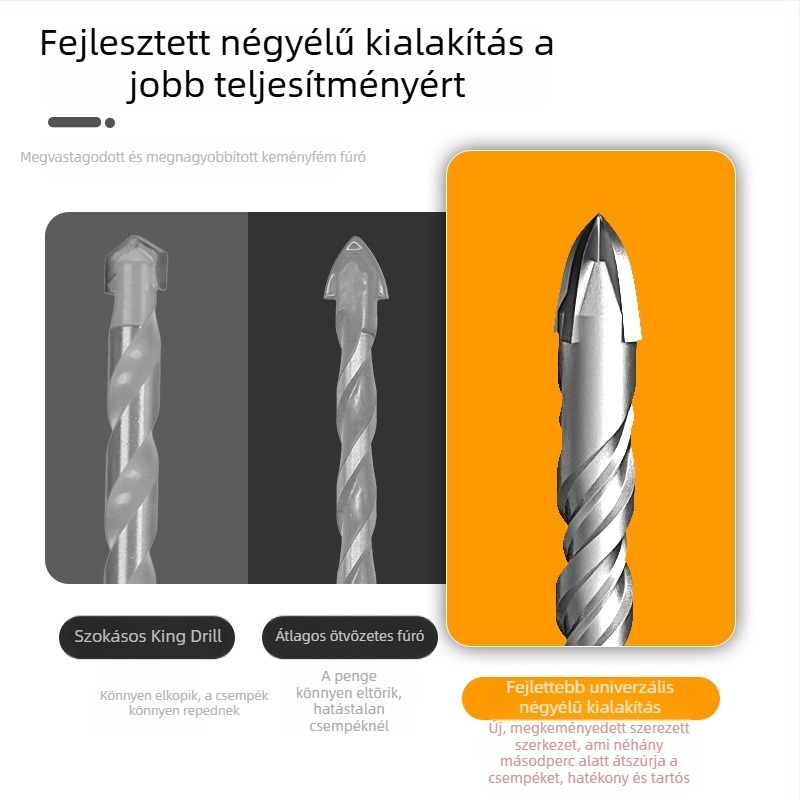 Csempéhez való fúró bit wolfrám ötvözet, négyélű, kerek fogantyúval, háromszög alakú hegylal, ütő-fúráshoz kompatibilis