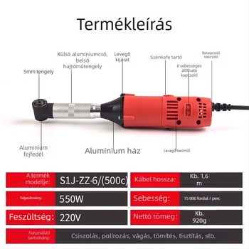 90°-os könyökkel ellátott elektromos csiszoló, formák gravírozására és polírozására, hordozható, 6-szintű sebességszabályozás, bemeneti feszültség 110–240 V, kábel 1,6 m