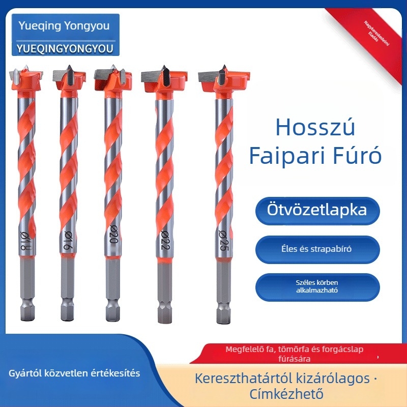 Faipari lyuknyitó eszköz hatszögletű nyéllel, spirális dizájnnal, háromélű, ipari minőségű, magas széntartalmú acél