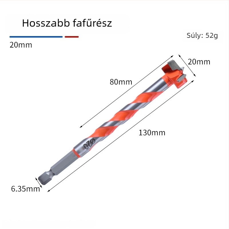 Faipari lyuknyitó eszköz hatszögletű nyéllel, spirális dizájnnal, háromélű, ipari minőségű, magas széntartalmú acél
