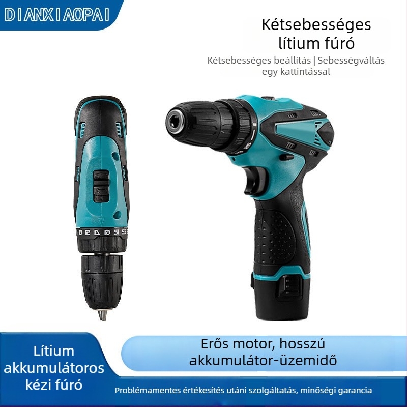 12V lítium-akkumulátoros elektromos csavarhúzó/fúró, pisztolymarkolattal, többfokozatú sebesség, háromcsapos patron