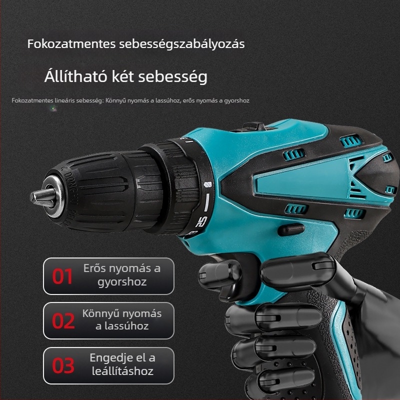 12V lítium-akkumulátoros elektromos csavarhúzó/fúró, pisztolymarkolattal, többfokozatú sebesség, háromcsapos patron