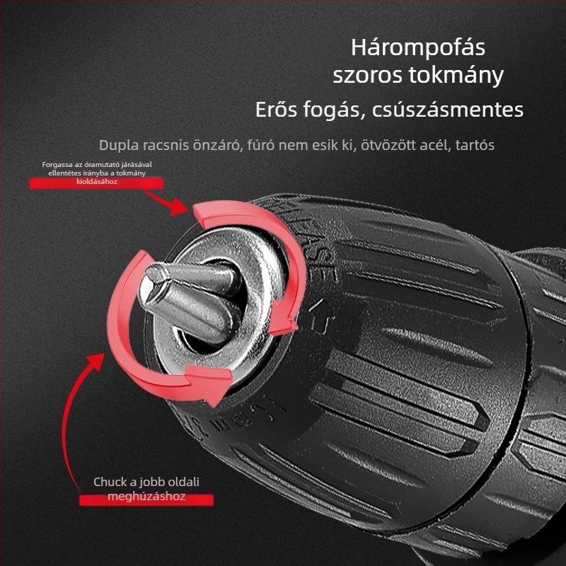 12V lítium-akkumulátoros elektromos csavarhúzó/fúró, pisztolymarkolattal, többfokozatú sebesség, háromcsapos patron
