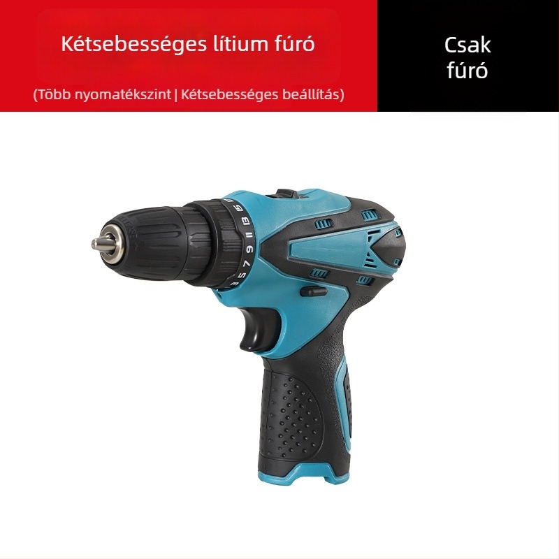 12V lítium-akkumulátoros elektromos csavarhúzó/fúró, pisztolymarkolattal, többfokozatú sebesség, háromcsapos patron