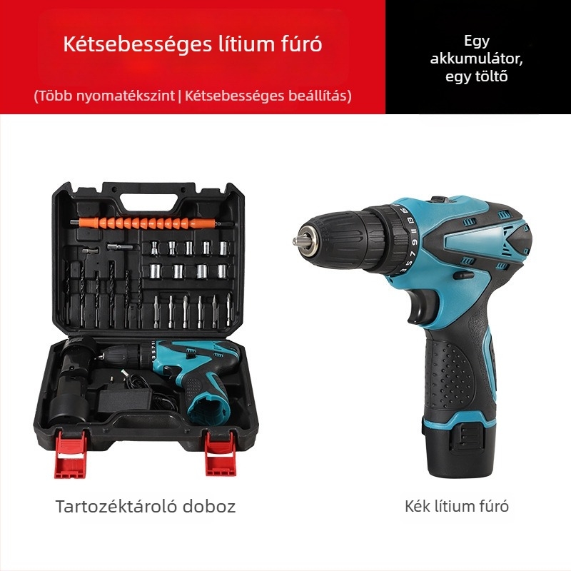12V lítium-akkumulátoros elektromos csavarhúzó/fúró, pisztolymarkolattal, többfokozatú sebesség, háromcsapos patron