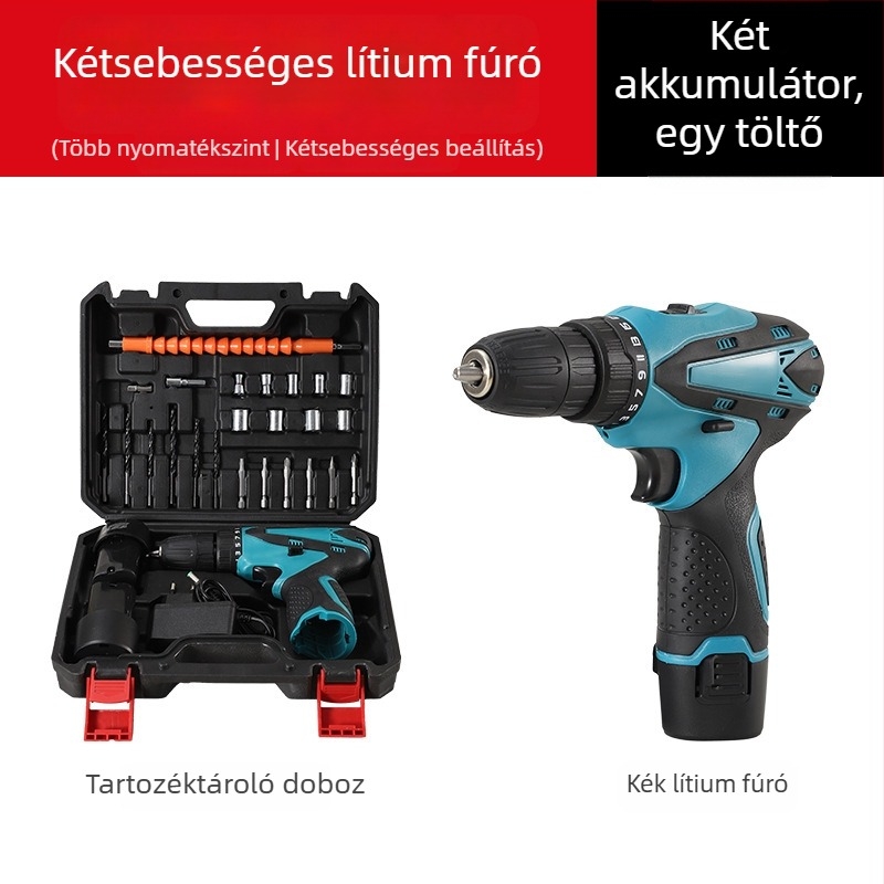 12V lítium-akkumulátoros elektromos csavarhúzó/fúró, pisztolymarkolattal, többfokozatú sebesség, háromcsapos patron