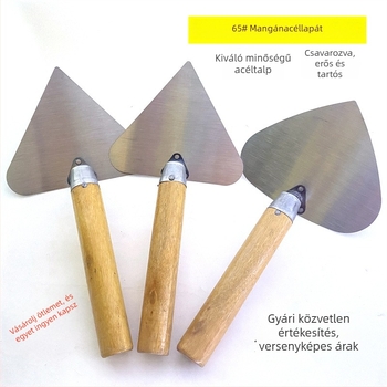 Kőműves eszközök: barackszerű nagy lapát, háromszög alakú lapát, megvastagított téglakészítő kés, téglamester glettelő spatula, finiselő kés