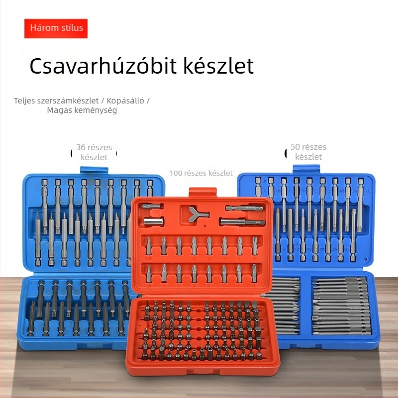 Elektromos csavarhúzó bitkészlet cserélhető fejű, mágneses, króm-vanádium acélból, formák: lapos, PH és hatszög