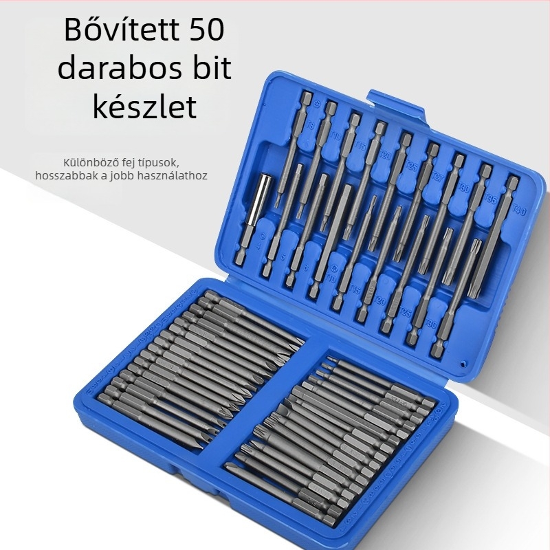 Elektromos csavarhúzó bitkészlet cserélhető fejű, mágneses, króm-vanádium acélból, formák: lapos, PH és hatszög