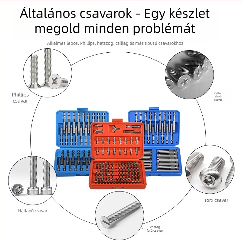 Elektromos csavarhúzó bitkészlet cserélhető fejű, mágneses, króm-vanádium acélból, formák: lapos, PH és hatszög
