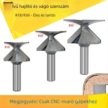 Faipari marófej ívelt körív formázóval, integrált vágóéllel; kompatibilis CNC és gravíró gépekkel; alkalmas fa, MDF, szintetikus lemezek és laminált felületekhez.