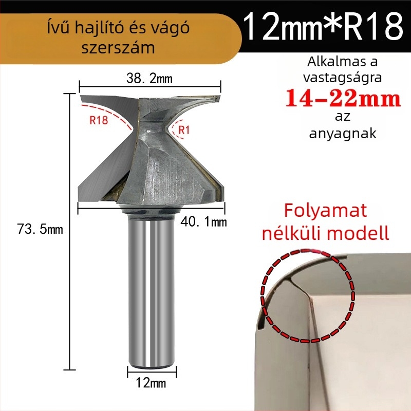 Faipari marófej ívelt körív formázóval, integrált vágóéllel; kompatibilis CNC és gravíró gépekkel; alkalmas fa, MDF, szintetikus lemezek és laminált felületekhez.