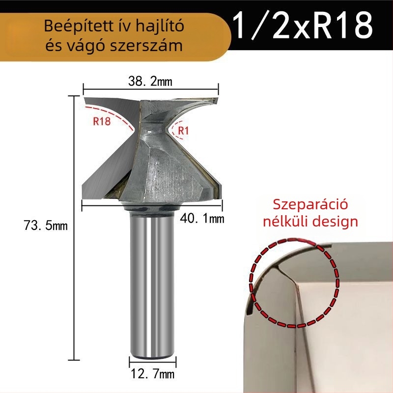 Faipari marófej ívelt körív formázóval, integrált vágóéllel; kompatibilis CNC és gravíró gépekkel; alkalmas fa, MDF, szintetikus lemezek és laminált felületekhez.