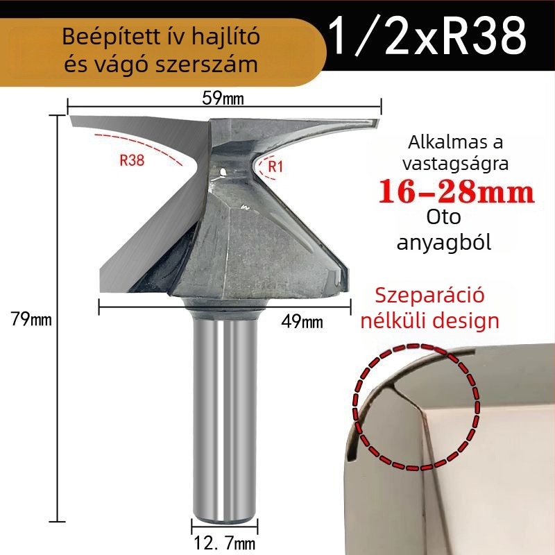 Faipari marófej ívelt körív formázóval, integrált vágóéllel; kompatibilis CNC és gravíró gépekkel; alkalmas fa, MDF, szintetikus lemezek és laminált felületekhez.