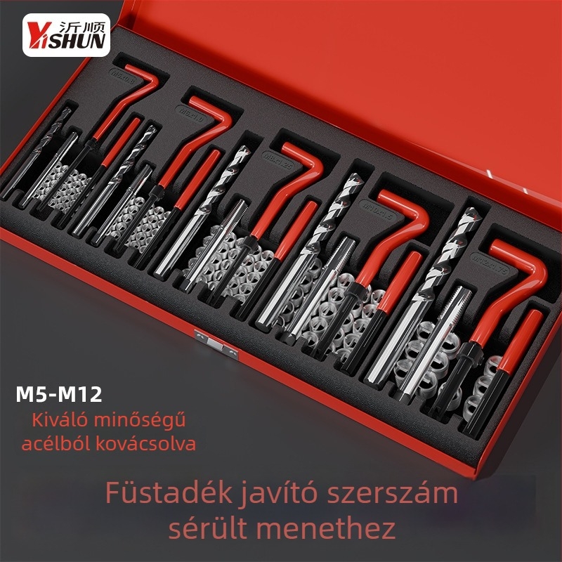 131 darabos menetjavító készlet, kézi működtetésű önfúró hüvelyek, gyújtógyertya menetjavító eszköz és menetfúró