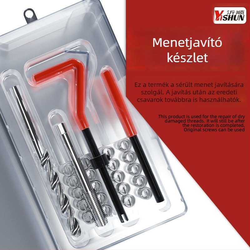 131 darabos menetjavító készlet, kézi működtetésű önfúró hüvelyek, gyújtógyertya menetjavító eszköz és menetfúró