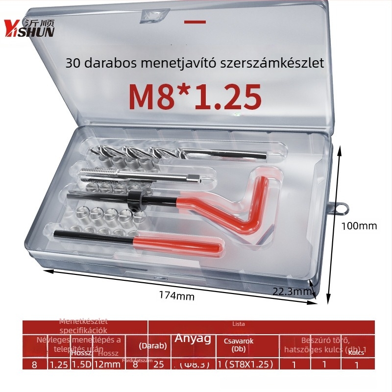 131 darabos menetjavító készlet, kézi működtetésű önfúró hüvelyek, gyújtógyertya menetjavító eszköz és menetfúró