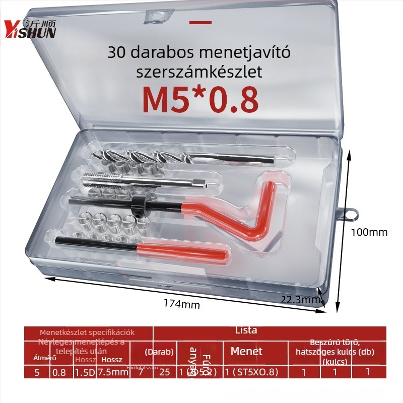 131 darabos menetjavító készlet, kézi működtetésű önfúró hüvelyek, gyújtógyertya menetjavító eszköz és menetfúró